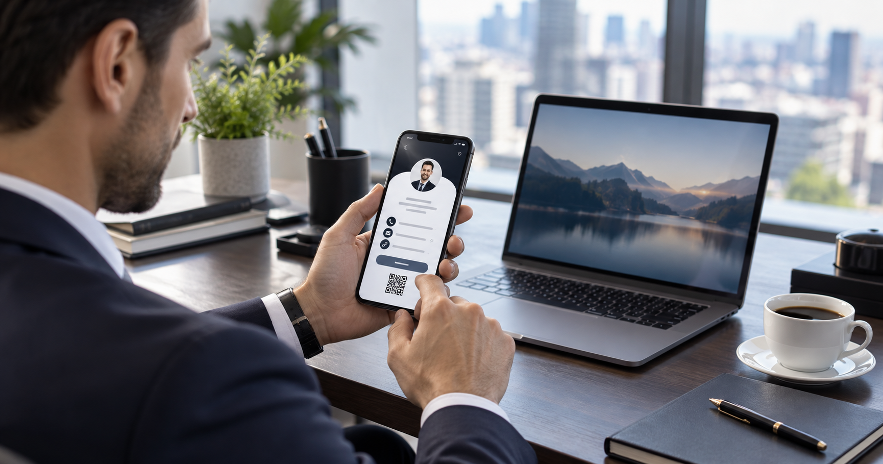 Professional reviewing a smart business card profile on a laptop and phone