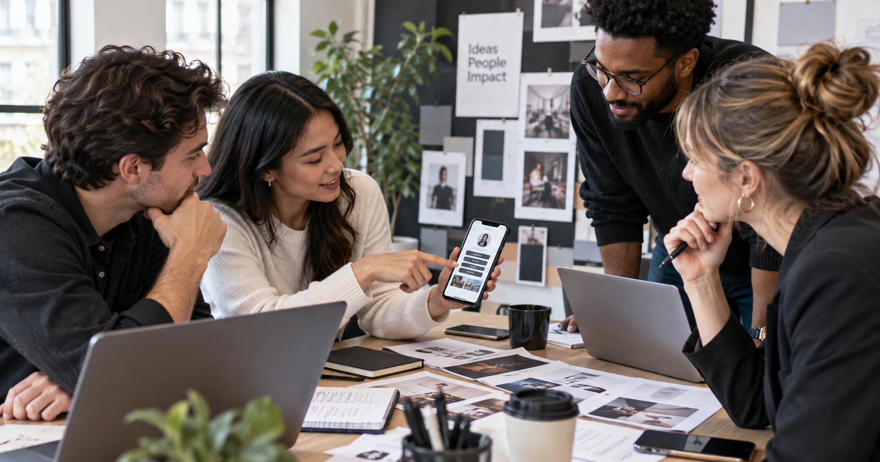 Agency team reviewing a client digital business card on a smartphone