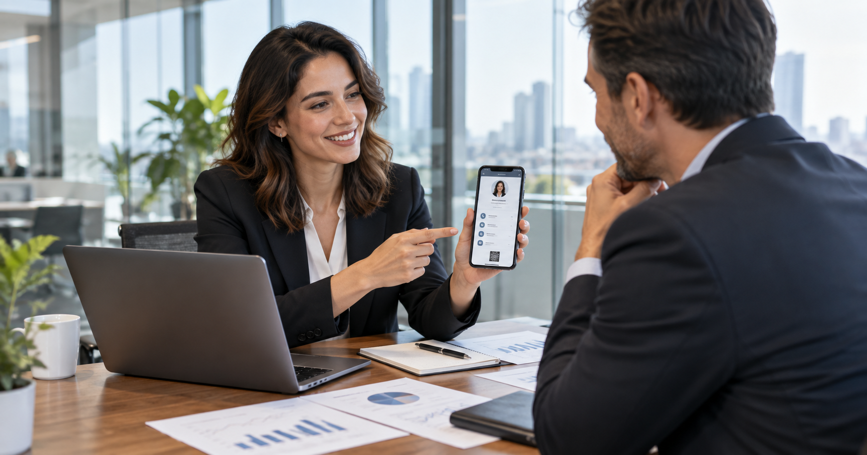 Consultant sharing a digital business card with a client in a meeting
