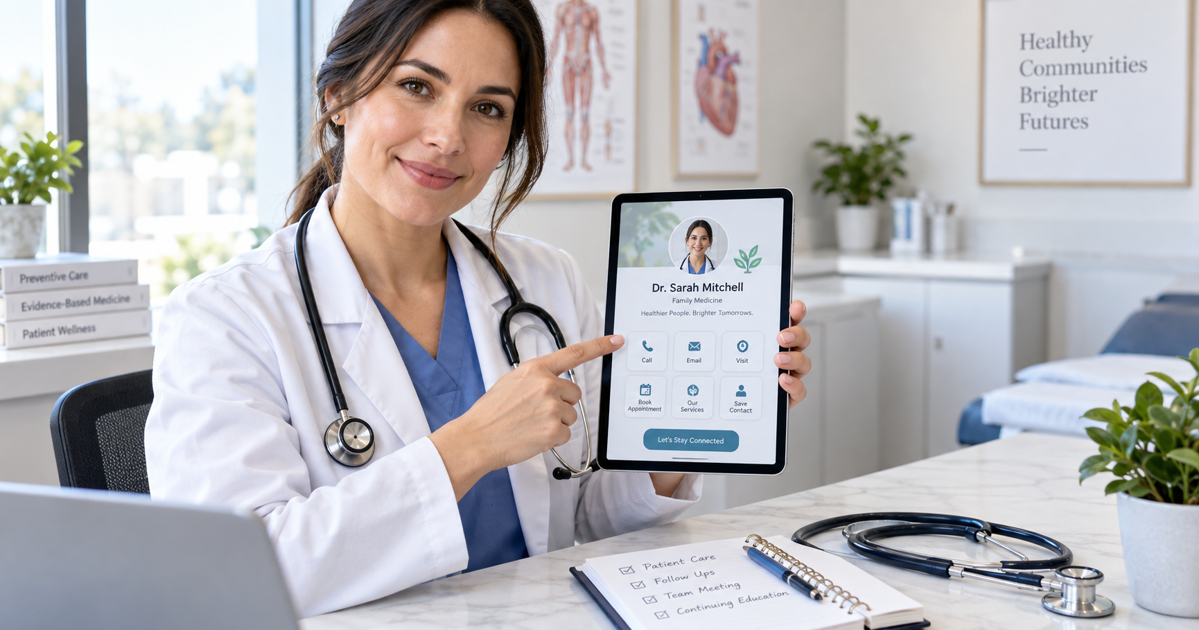 Doctor reviewing a clinic digital business card on a tablet