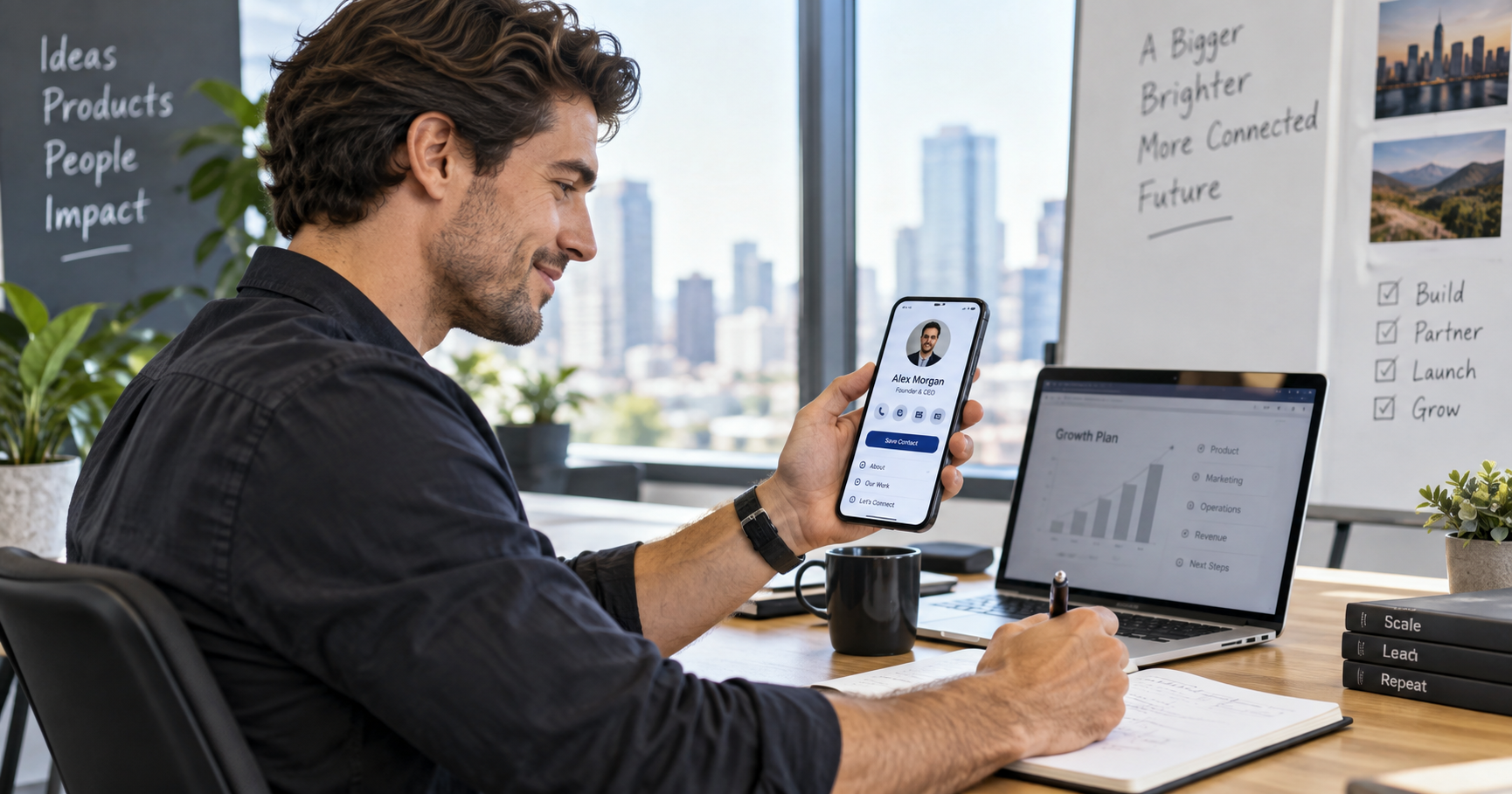 Entrepreneur reviewing a digital business card on a smartphone in a startup workspace