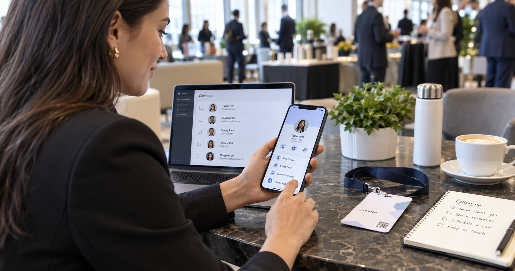 Professional using a digital business card to follow up after a networking event