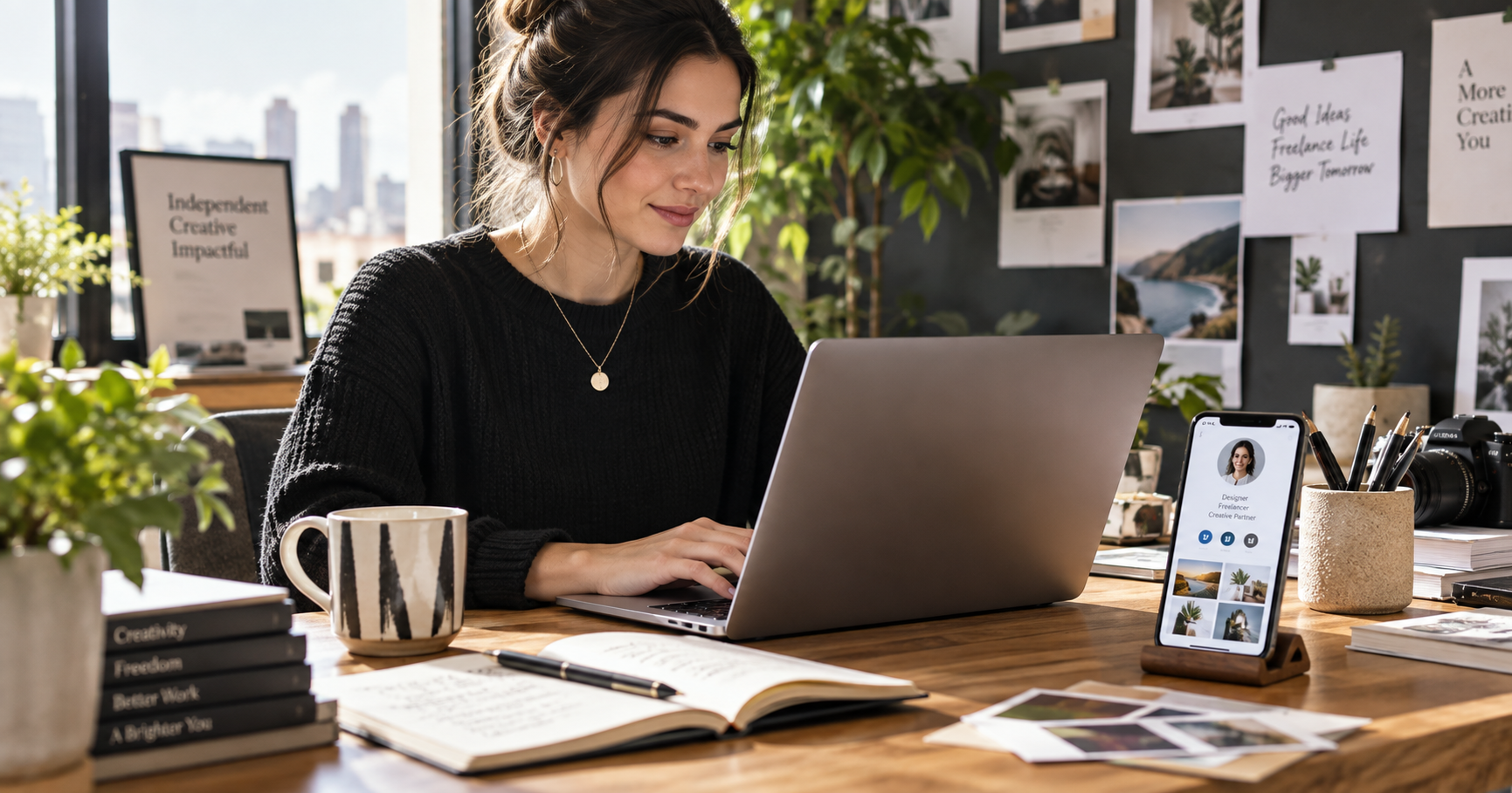 Freelancer workspace with a digital business card and portfolio preview