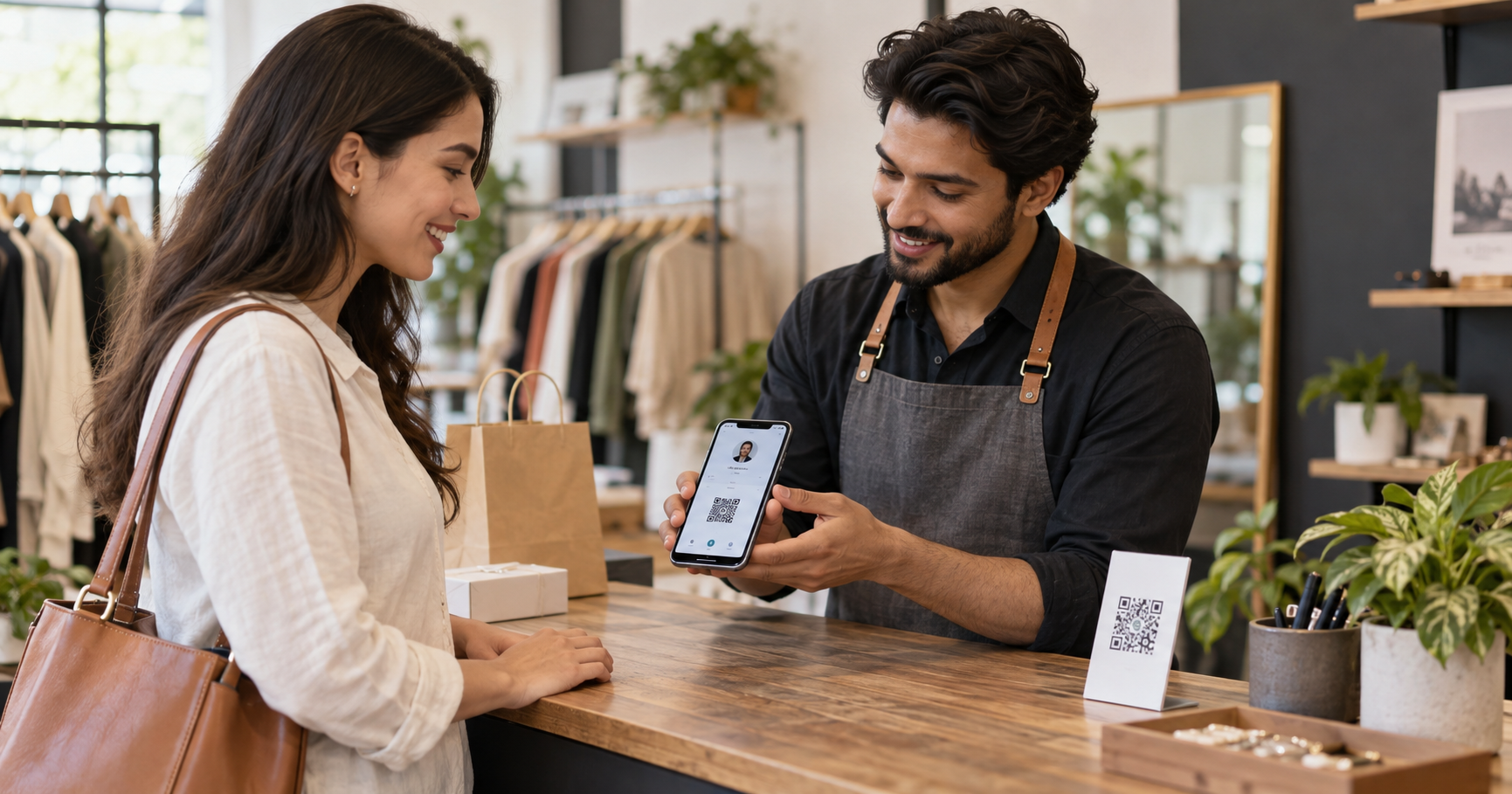 Small business owner sharing a digital visiting card with a customer