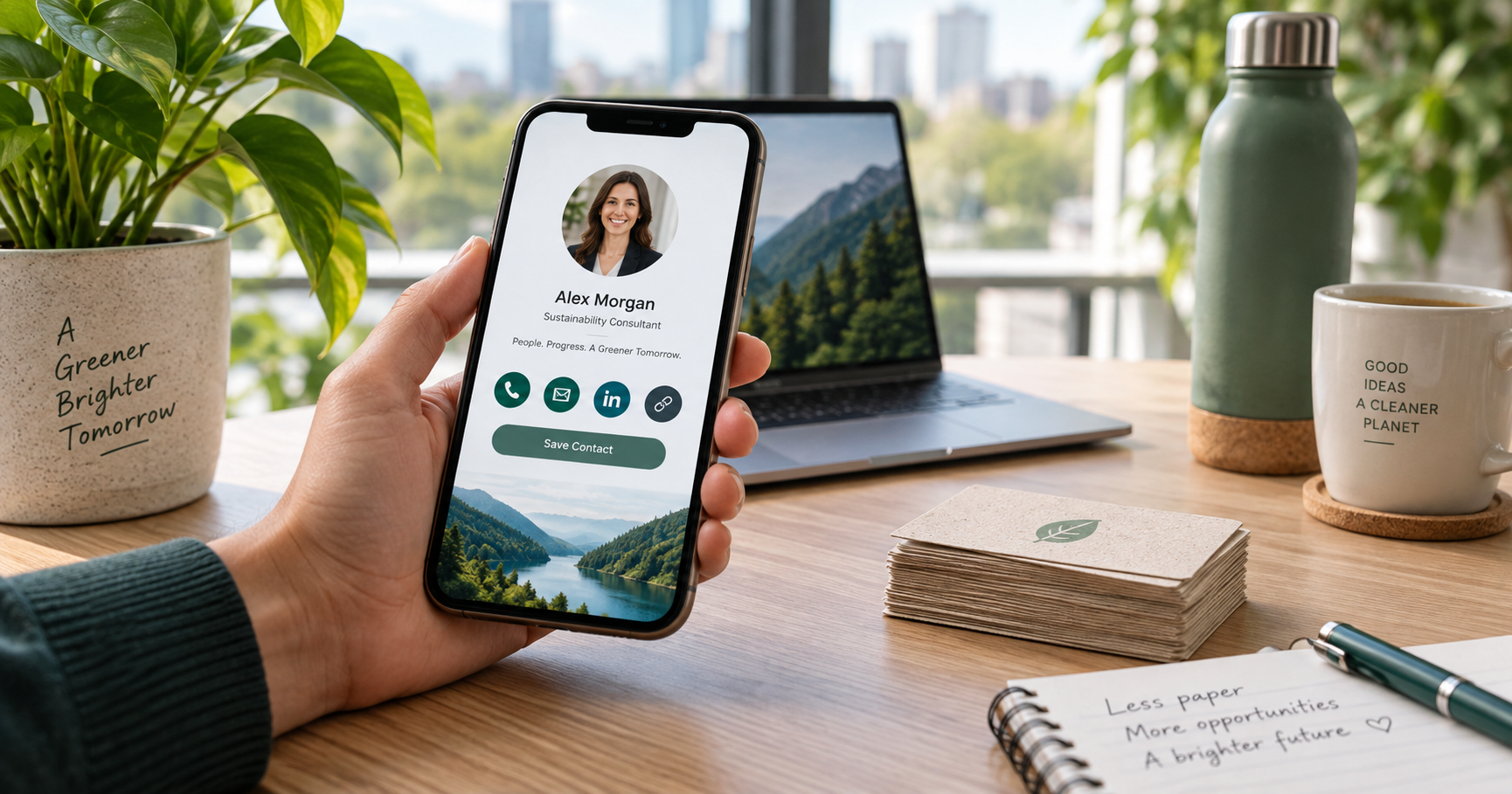 Paperless business card shown as a mobile profile beside recycled paper cards
