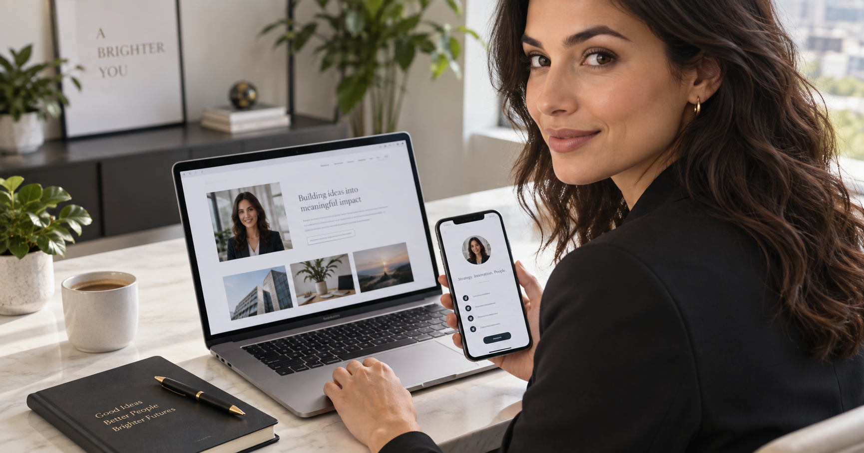 Professional reviewing a digital identity profile on a phone and laptop