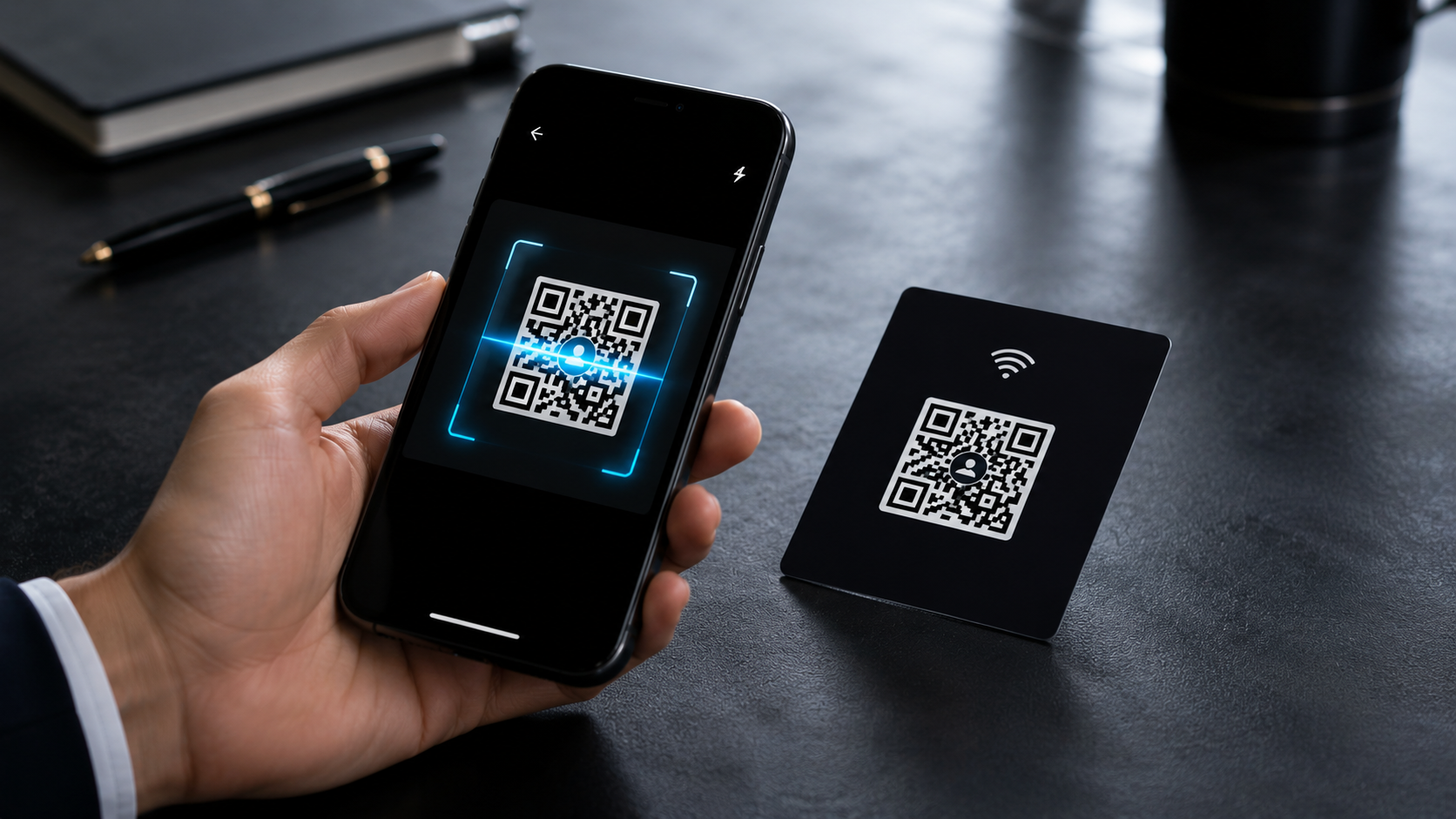 QR code on a digital business card being scanned