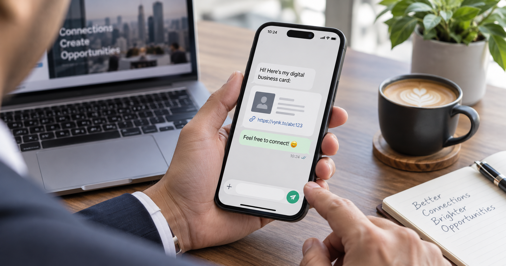Professional sharing a digital business card link in a messaging app on a smartphone